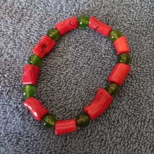 Red Coral & Dyed Green Agate Bracelet